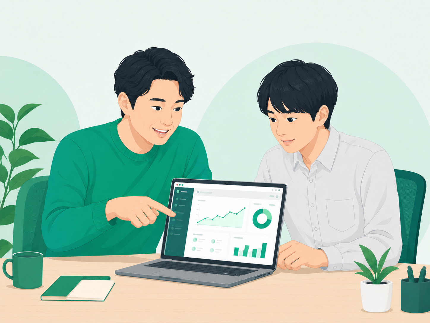 先生と現場社員が並んで同じ画面を見ながら一緒に解決策を考えているイメージ